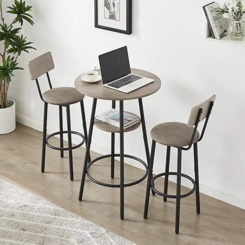 Set tavolo da pub bistrò rotondo Grondin in stile industriale da 3 pezzi con 2 sgabelli da bar in pelle PU e ripiano, set tavolo da bar altezza bancone