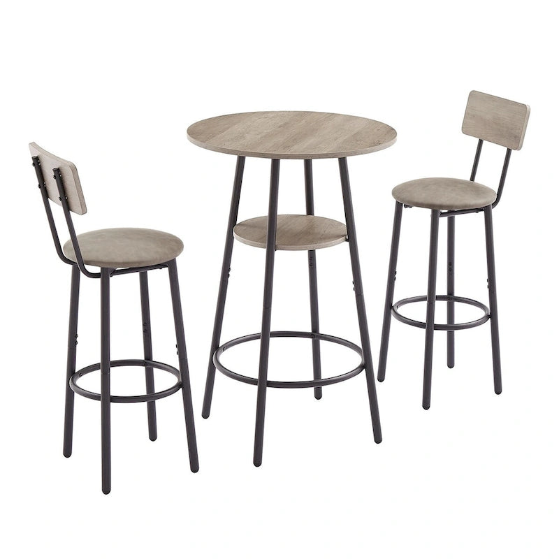 Set tavolo da pub bistrò rotondo Grondin in stile industriale da 3 pezzi con 2 sgabelli da bar in pelle PU e ripiano, set tavolo da bar altezza bancone