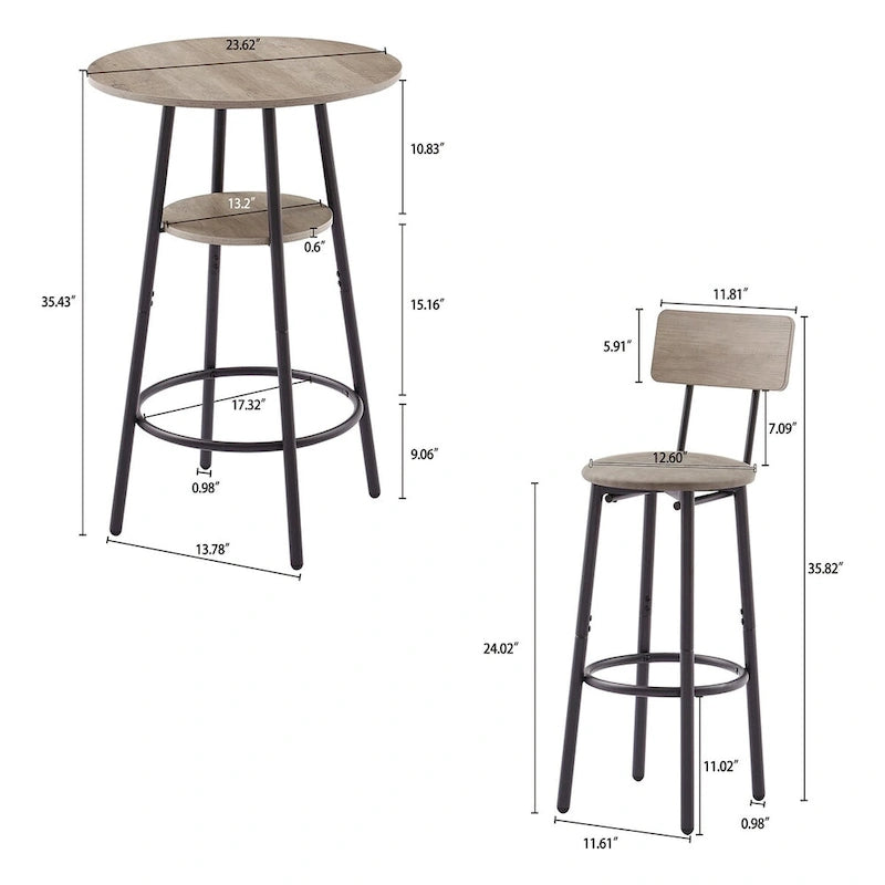 Set tavolo da pub bistrò rotondo Grondin in stile industriale da 3 pezzi con 2 sgabelli da bar in pelle PU e ripiano, set tavolo da bar altezza bancone