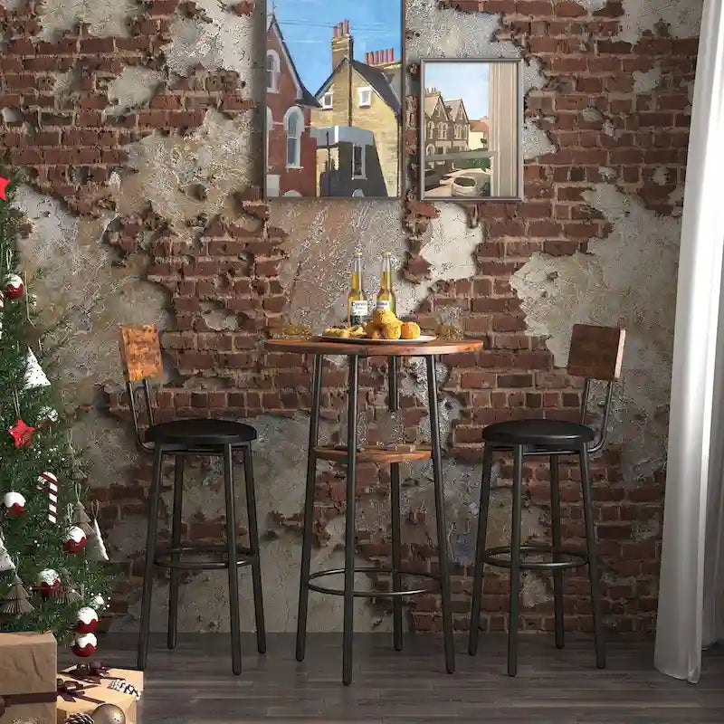 Set tavolo da pub bistrò rotondo Grondin in stile industriale da 3 pezzi con 2 sgabelli da bar in pelle PU e ripiano, set tavolo da bar altezza bancone