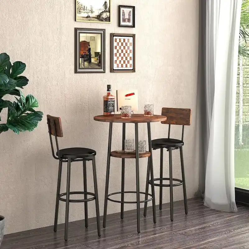 Set tavolo da pub bistrò rotondo Grondin in stile industriale da 3 pezzi con 2 sgabelli da bar in pelle PU e ripiano, set tavolo da bar altezza bancone