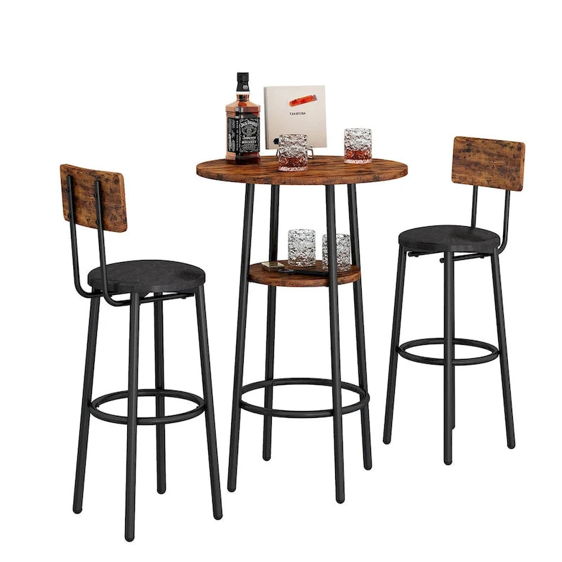Set tavolo da pub bistrò rotondo Grondin in stile industriale da 3 pezzi con 2 sgabelli da bar in pelle PU e ripiano, set tavolo da bar altezza bancone