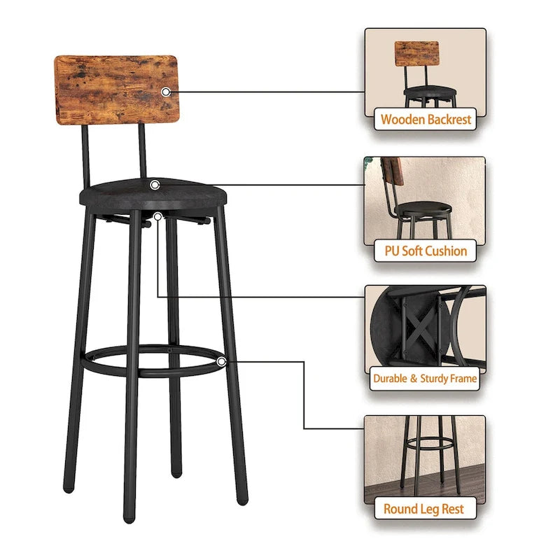 Set tavolo da pub bistrò rotondo Grondin in stile industriale da 3 pezzi con 2 sgabelli da bar in pelle PU e ripiano, set tavolo da bar altezza bancone
