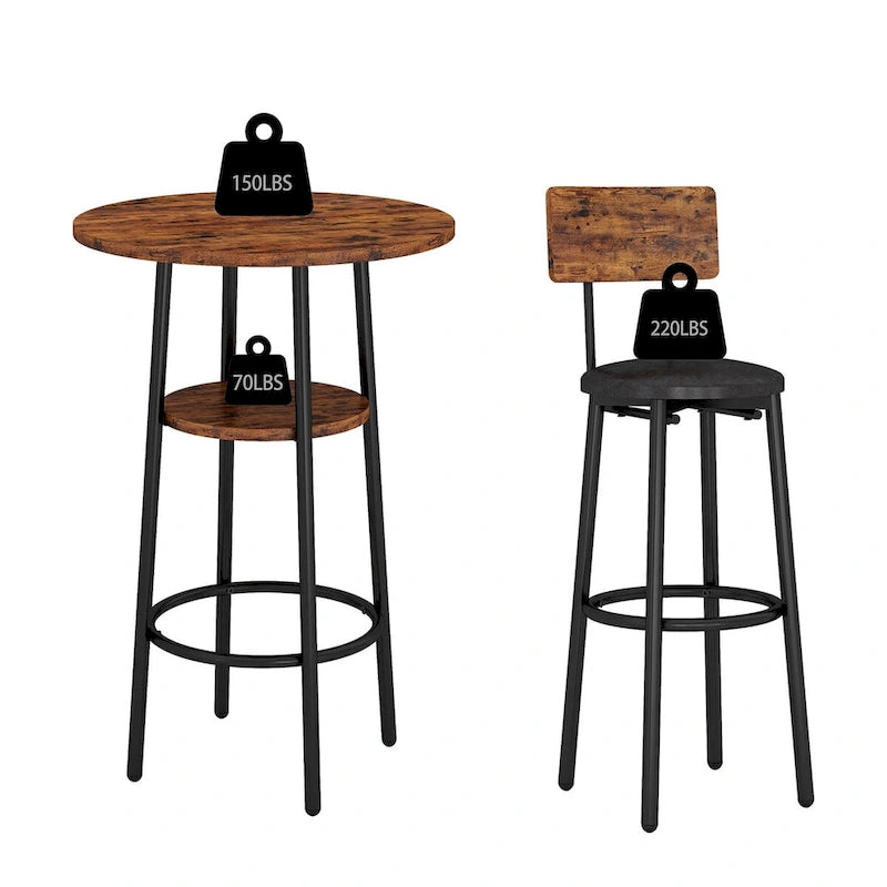 Set tavolo da pub bistrò rotondo Grondin in stile industriale da 3 pezzi con 2 sgabelli da bar in pelle PU e ripiano, set tavolo da bar altezza bancone