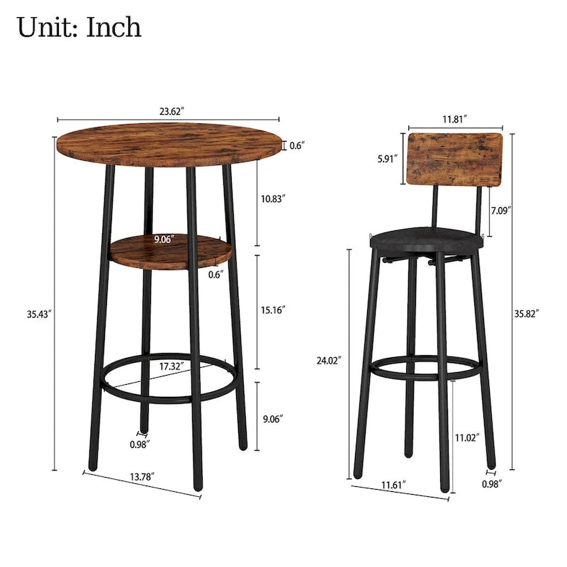 Set tavolo da pub bistrò rotondo Grondin in stile industriale da 3 pezzi con 2 sgabelli da bar in pelle PU e ripiano, set tavolo da bar altezza bancone