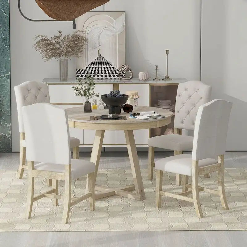 Set da Tavolo 5 Pezzi Stile Vintage, Tavolo da Pranzo Rotondo Allungabile 42-58 con 4 Sedie da Pranzo Imbottite