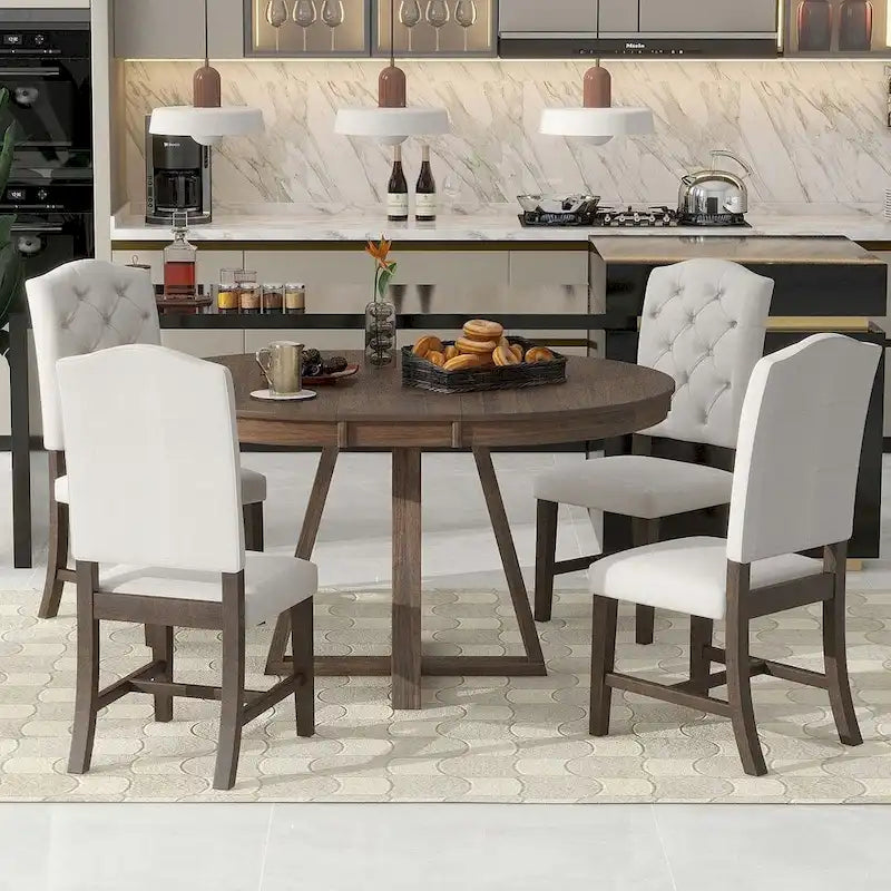 Set da Tavolo 5 Pezzi Stile Vintage, Tavolo da Pranzo Rotondo Allungabile 42-58 con 4 Sedie da Pranzo Imbottite