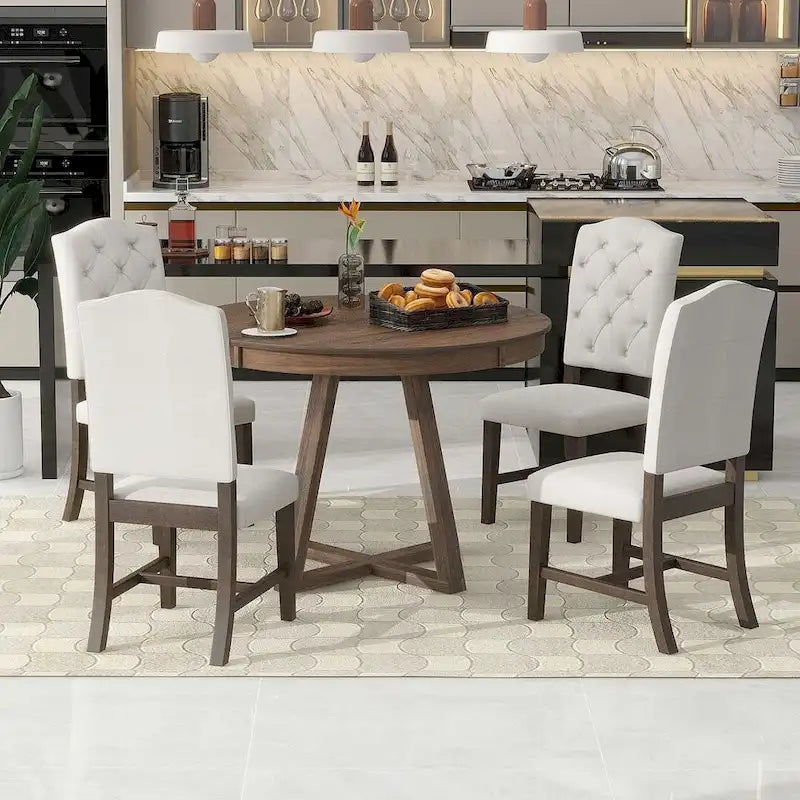 Set da Tavolo 5 Pezzi Stile Vintage, Tavolo da Pranzo Rotondo Allungabile 42-58 con 4 Sedie da Pranzo Imbottite