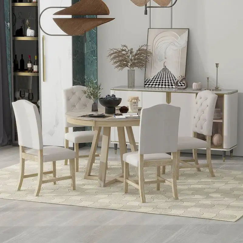 Set da Tavolo 5 Pezzi Stile Vintage, Tavolo da Pranzo Rotondo Allungabile 42-58 con 4 Sedie da Pranzo Imbottite