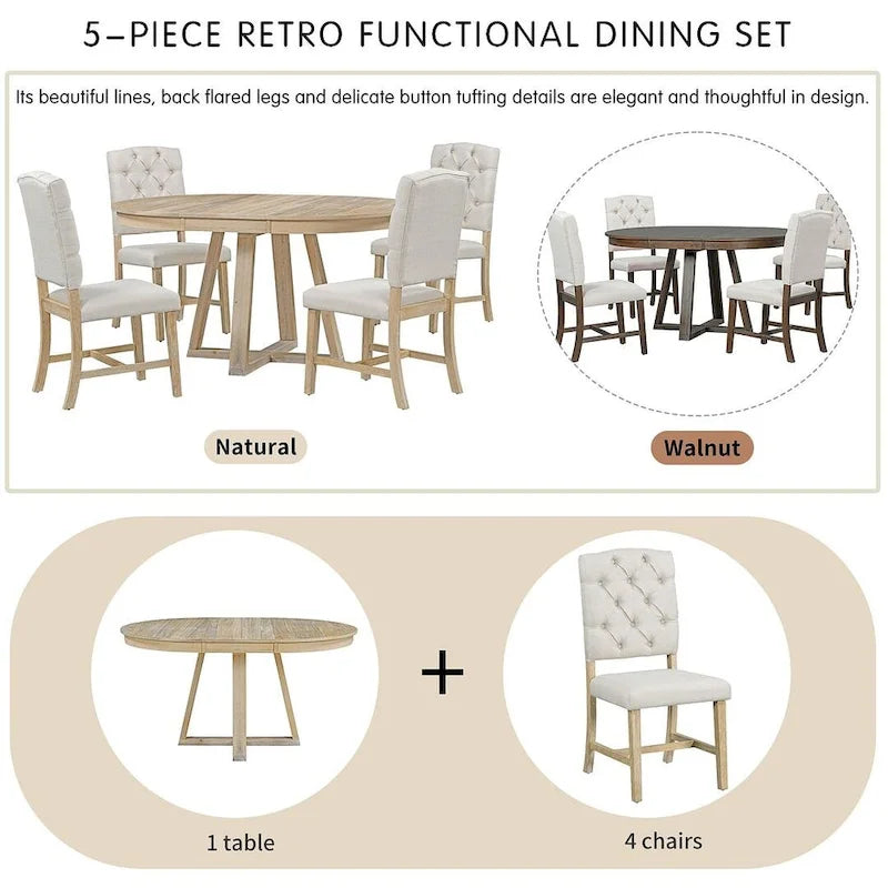 Set da Tavolo 5 Pezzi Stile Vintage, Tavolo da Pranzo Rotondo Allungabile 42-58 con 4 Sedie da Pranzo Imbottite