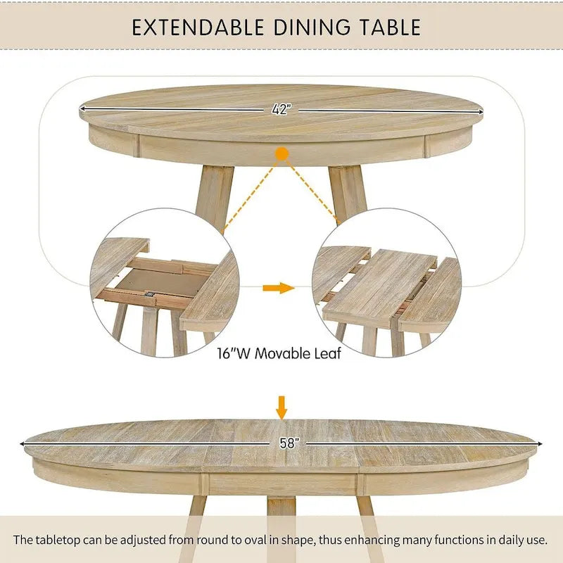 Set da Tavolo 5 Pezzi Stile Vintage, Tavolo da Pranzo Rotondo Allungabile 42-58 con 4 Sedie da Pranzo Imbottite