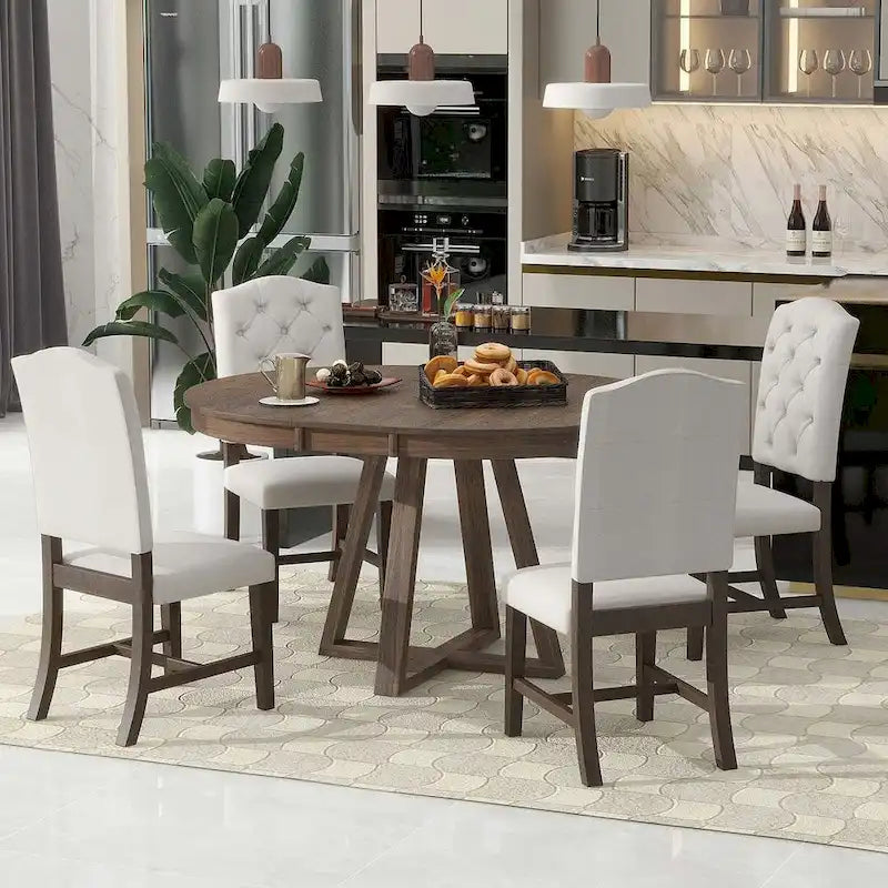 Set da Tavolo 5 Pezzi Stile Vintage, Tavolo da Pranzo Rotondo Allungabile 42-58 con 4 Sedie da Pranzo Imbottite