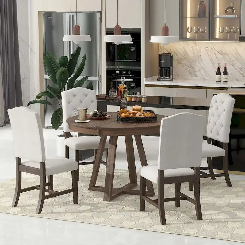 Set da Tavolo 5 Pezzi Stile Vintage, Tavolo da Pranzo Rotondo Allungabile 42-58 con 4 Sedie da Pranzo Imbottite