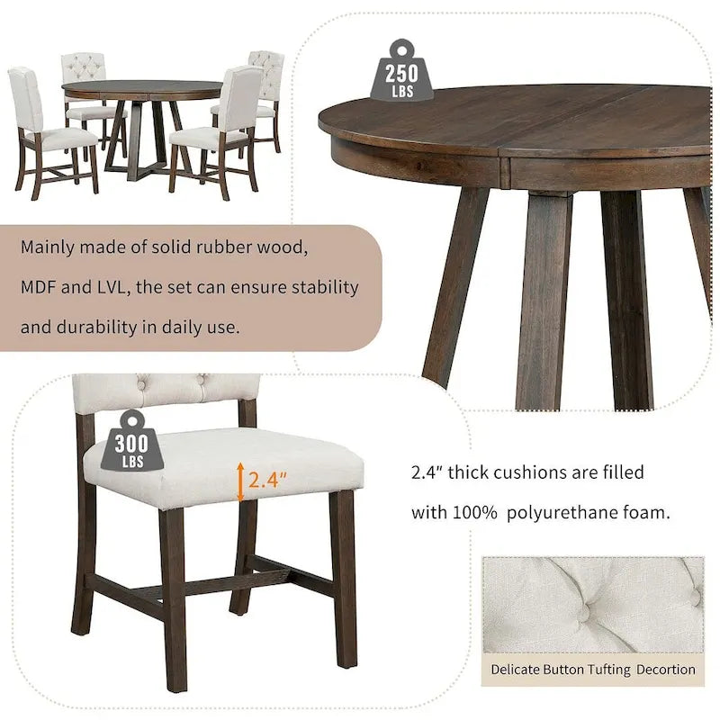 Set da Tavolo 5 Pezzi Stile Vintage, Tavolo da Pranzo Rotondo Allungabile 42-58 con 4 Sedie da Pranzo Imbottite