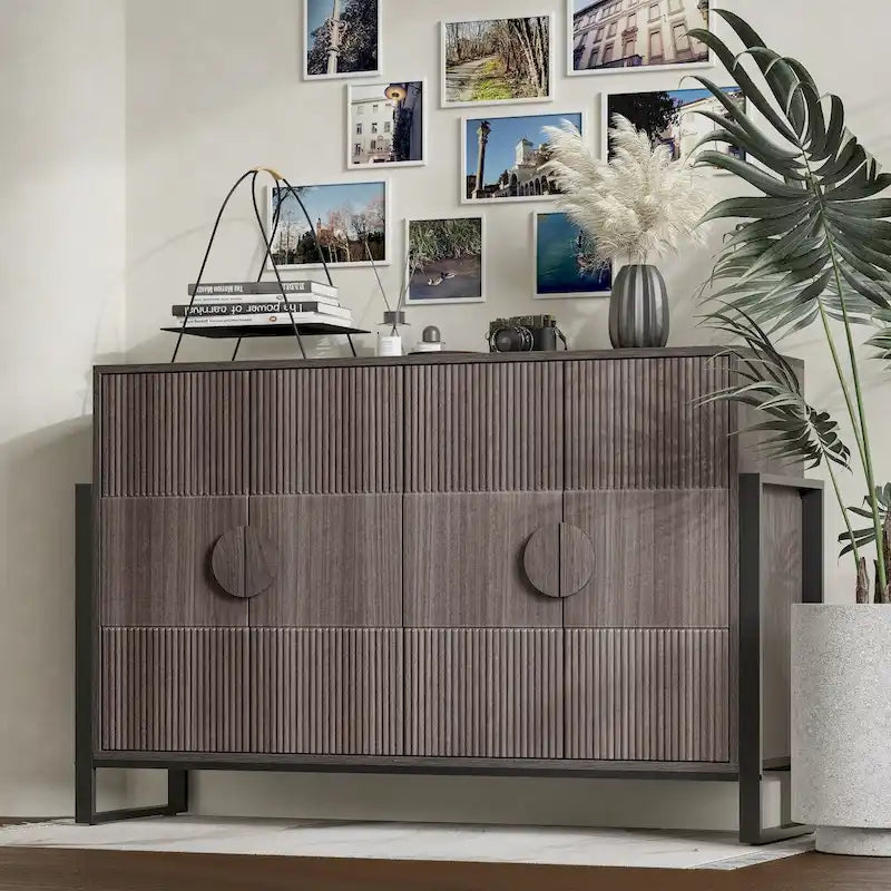 COZAYH Armadietto credenza scanalata con 4 ante, mobile buffet moderno stile rustico con ripiani regolabili, finitura grigio anticato