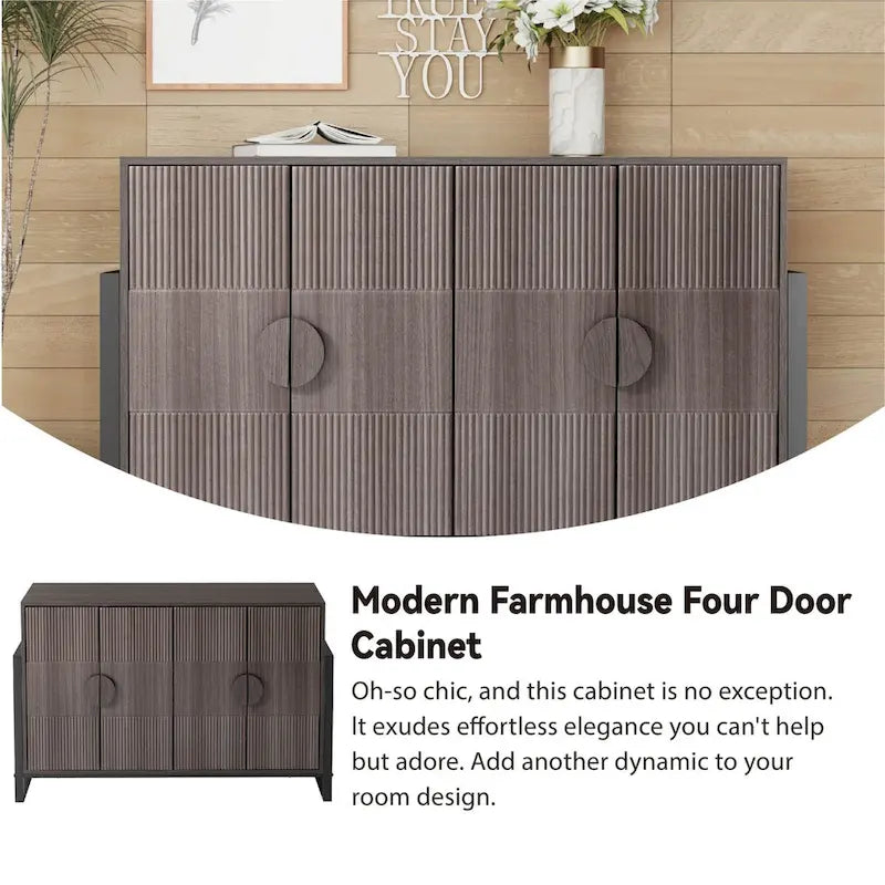 COZAYH Armadietto credenza scanalata con 4 ante, mobile buffet moderno stile rustico con ripiani regolabili, finitura grigio anticato