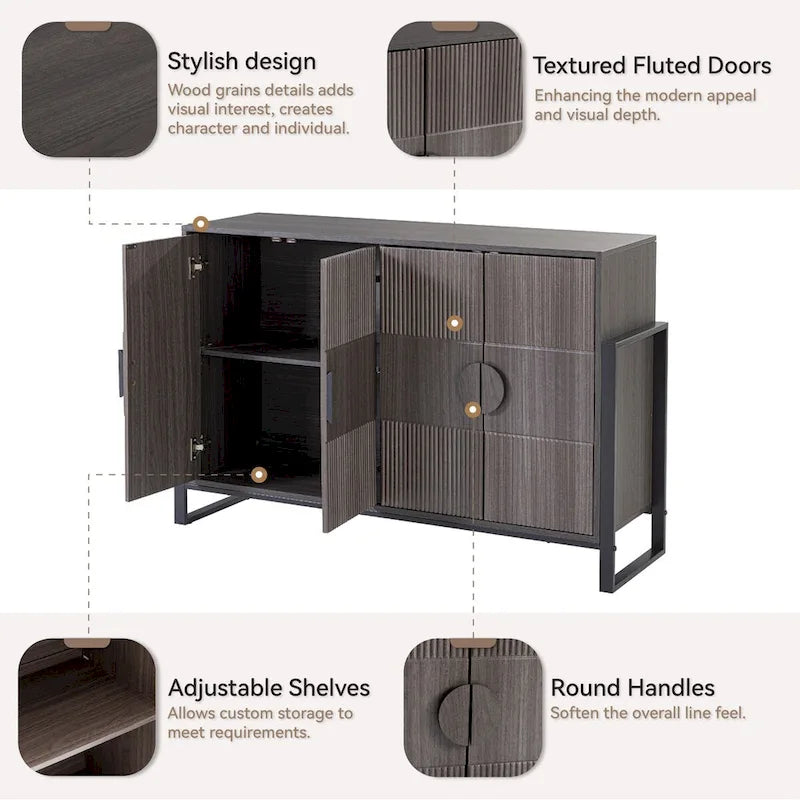 COZAYH Armadietto credenza scanalata con 4 ante, mobile buffet moderno stile rustico con ripiani regolabili, finitura grigio anticato