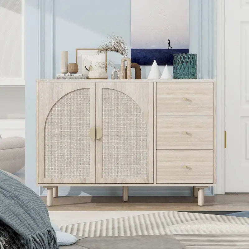 Organizzatore per dispensa in legno con 2 ante e 3 cassetti con ripiani regolabili, mobile contenitore per soggiorno e cucina
