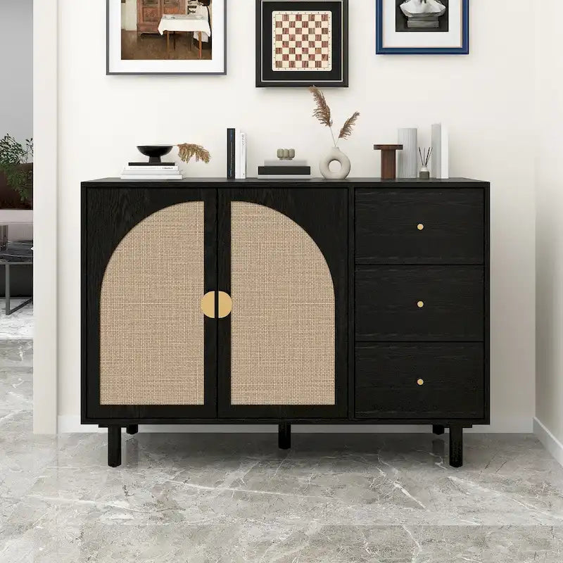 Organizzatore per dispensa in legno con 2 ante e 3 cassetti con ripiani regolabili, mobile contenitore per soggiorno e cucina