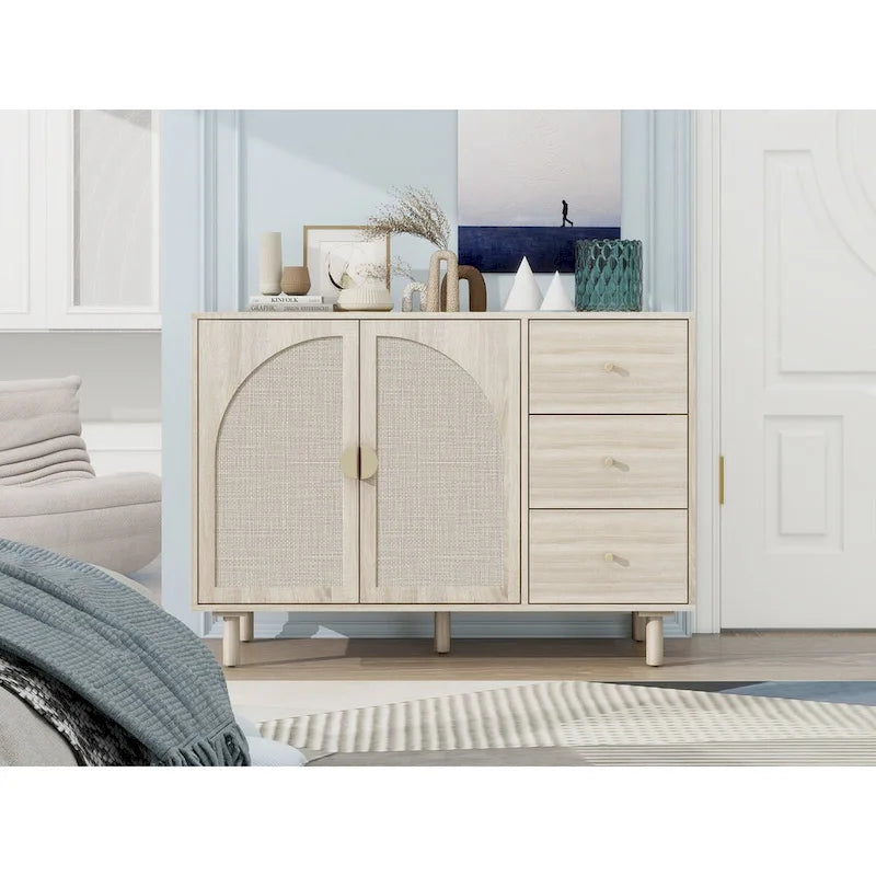 Organizzatore per dispensa in legno con 2 ante e 3 cassetti con ripiani regolabili, mobile contenitore per soggiorno e cucina