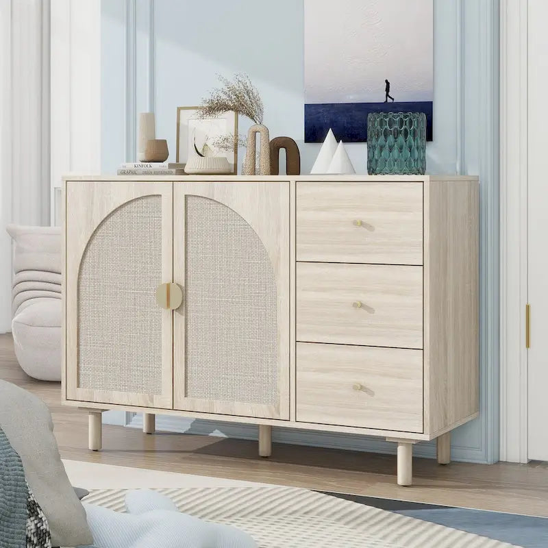 Organizzatore per dispensa in legno con 2 ante e 3 cassetti con ripiani regolabili, mobile contenitore per soggiorno e cucina