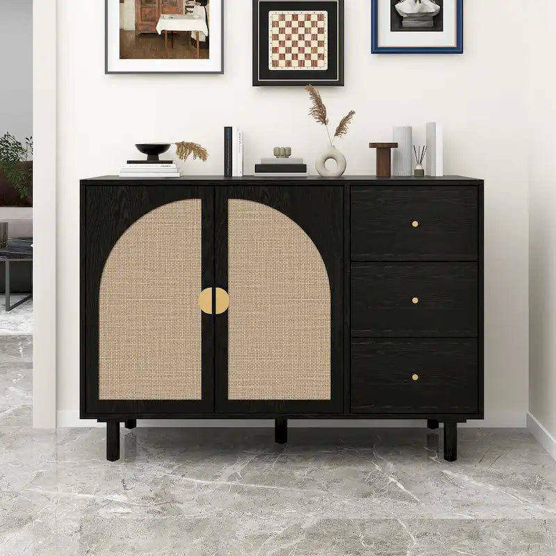 Organizzatore per dispensa in legno con 2 ante e 3 cassetti con ripiani regolabili, mobile contenitore per soggiorno e cucina