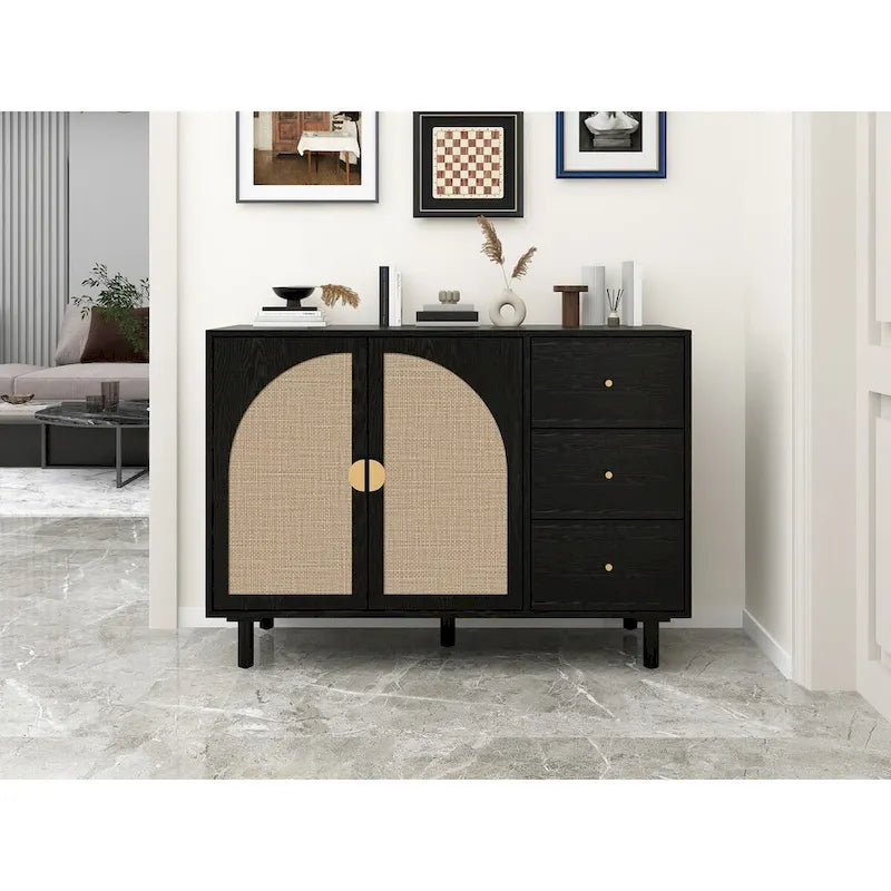 Organizzatore per dispensa in legno con 2 ante e 3 cassetti con ripiani regolabili, mobile contenitore per soggiorno e cucina