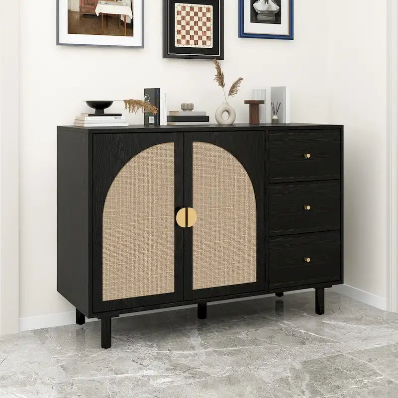 Organizzatore per dispensa in legno con 2 ante e 3 cassetti con ripiani regolabili, mobile contenitore per soggiorno e cucina
