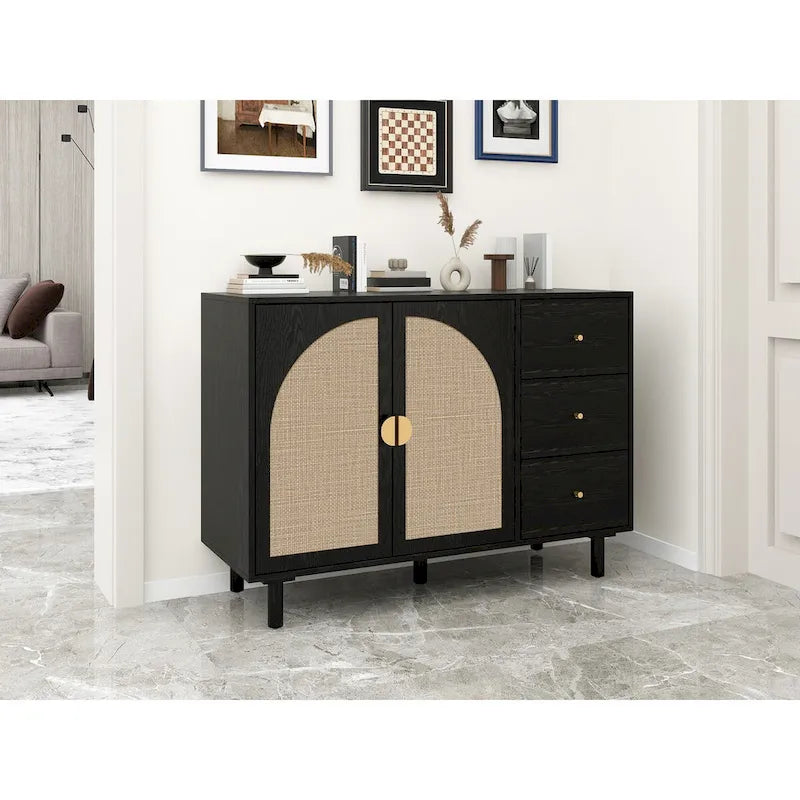 Organizzatore per dispensa in legno con 2 ante e 3 cassetti con ripiani regolabili, mobile contenitore per soggiorno e cucina