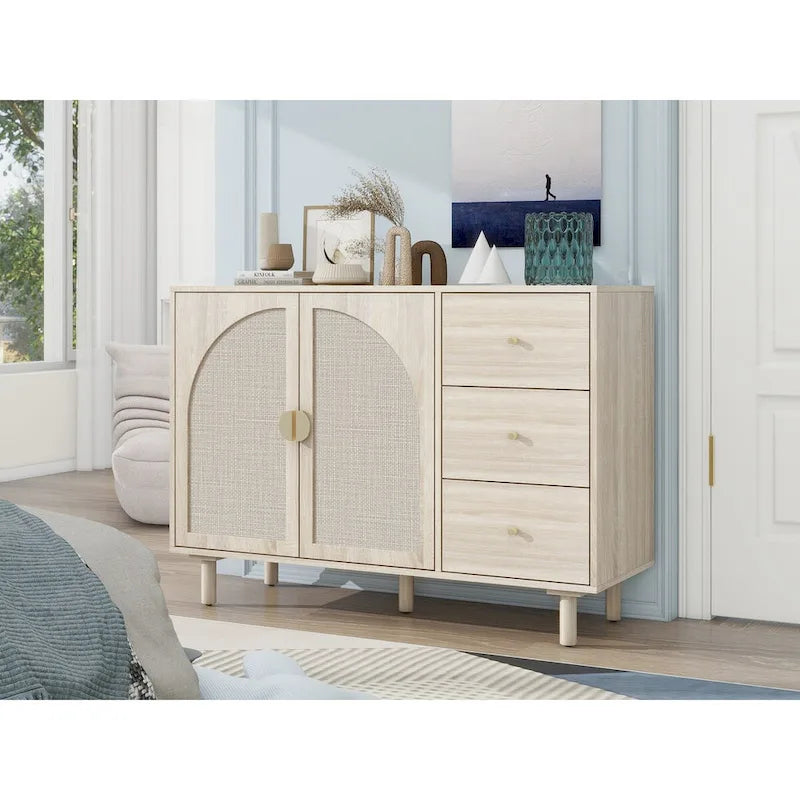 Organizzatore per dispensa in legno con 2 ante e 3 cassetti con ripiani regolabili, mobile contenitore per soggiorno e cucina