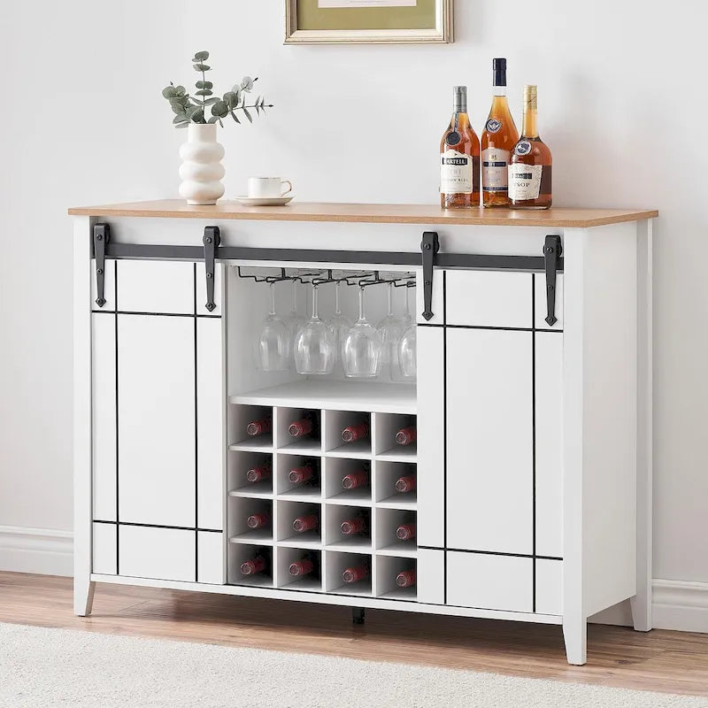 Meuble Bar Buffet de Ferme 47 avec Casier à Vin pour 16 Bouteilles - 39,8 P x 119,9 L x 87,9 H cm