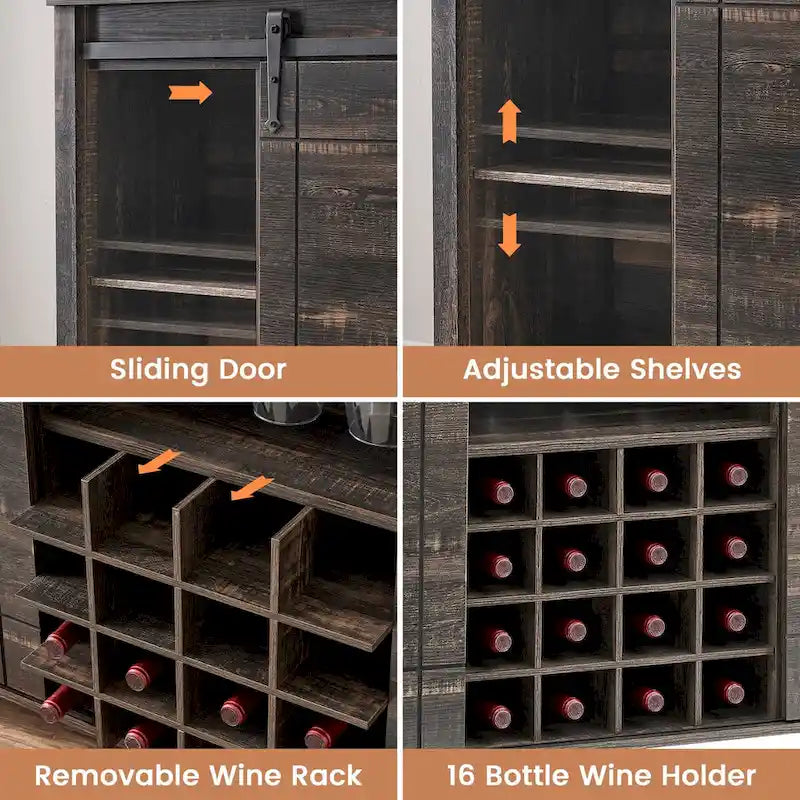 Credenza da buffet per mobile bar da vino Farmhouse 47 con portabottiglie da 16 bottiglie - 15,7P x 47,2L x 34,61A