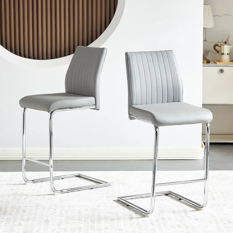 Sedia da bar moderna semplice grigio chiaro in pelle PU con tubo di metallo cromato, ristorante, set di 2 sedie da bar per la casa
