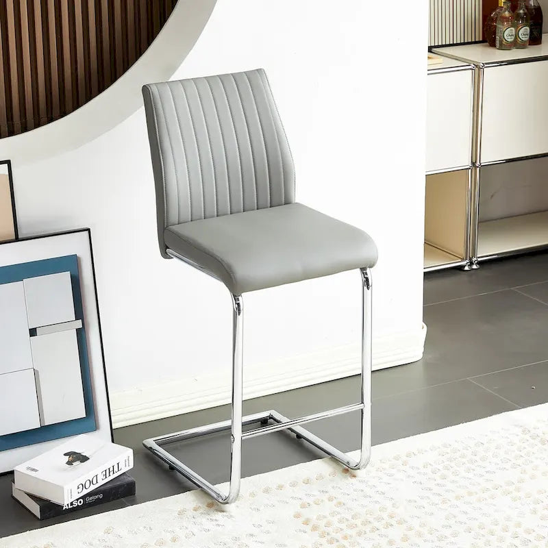 Sedia da bar moderna semplice grigio chiaro in pelle PU con tubo di metallo cromato, ristorante, set di 2 sedie da bar per la casa