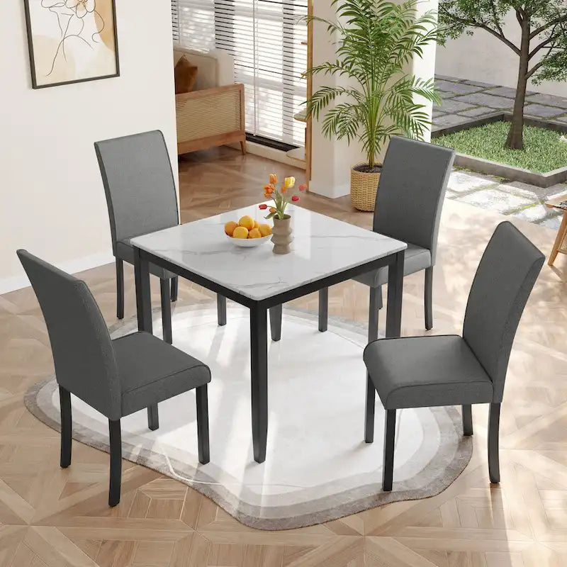 Set da pranzo Corvus Fowey da 5 pezzi, tavolo in MDF con adesivo effetto marmo e 4 sedie imbottite