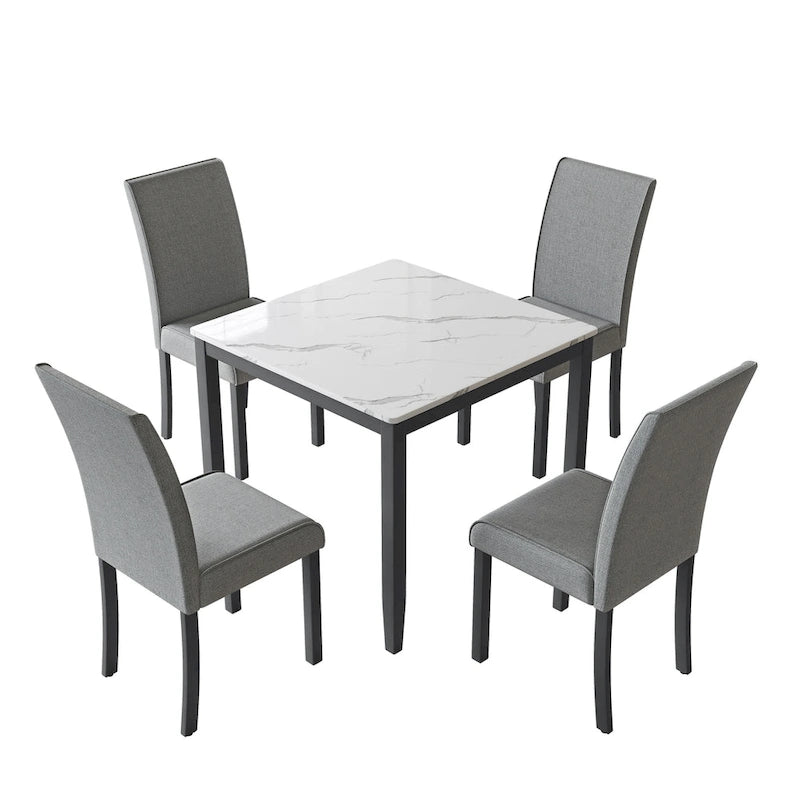 Set da pranzo Corvus Fowey da 5 pezzi, tavolo in MDF con adesivo effetto marmo e 4 sedie imbottite