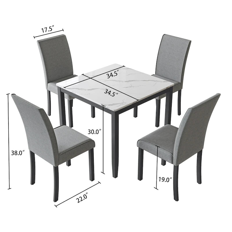 Set da pranzo Corvus Fowey da 5 pezzi, tavolo in MDF con adesivo effetto marmo e 4 sedie imbottite