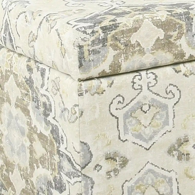 Panca in legno rivestita in tessuto con stampa a medaglione con vano contenitore a cerniera, grande, marrone e crema
