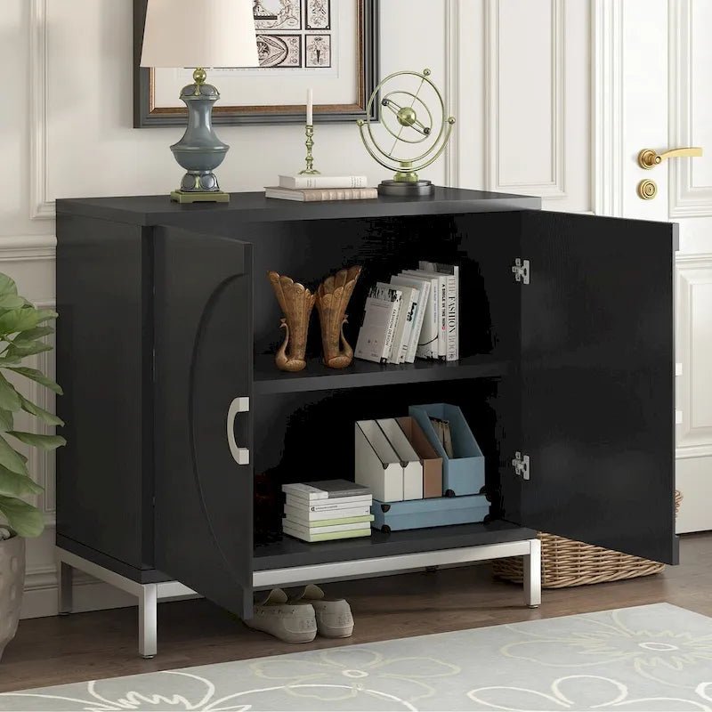 Credenza Armadietto con impiallacciatura in legno massello e struttura in metallo per soggiorno, ingresso