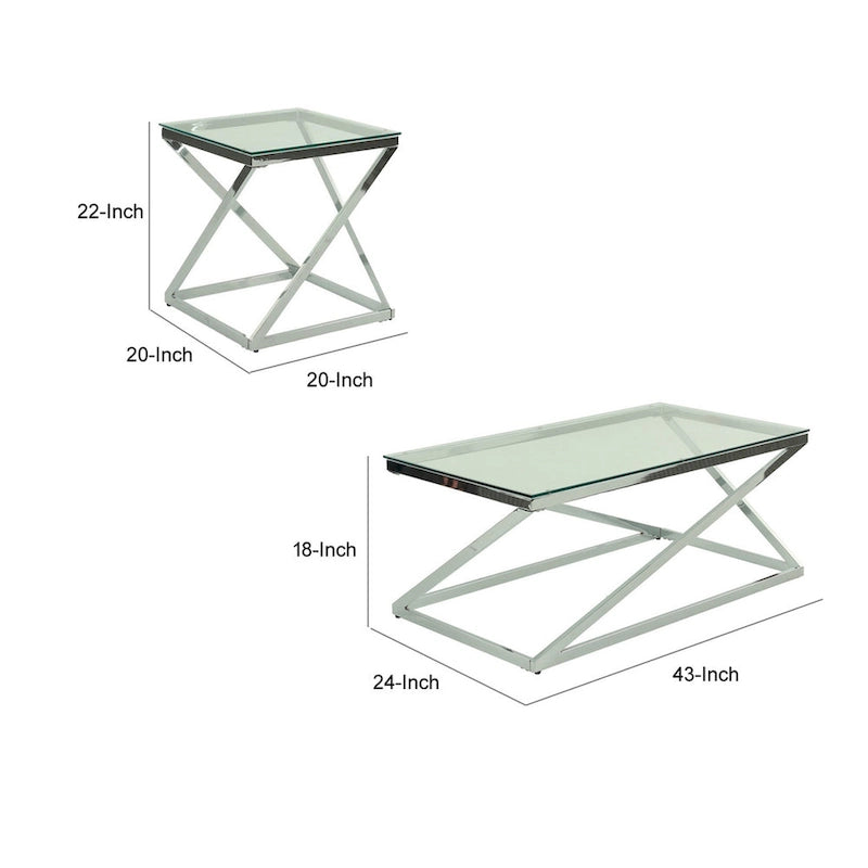 Set di 3 tavolini da caffè e tavolini laterali Gen, piano in vetro temperato, base in metallo cromato
