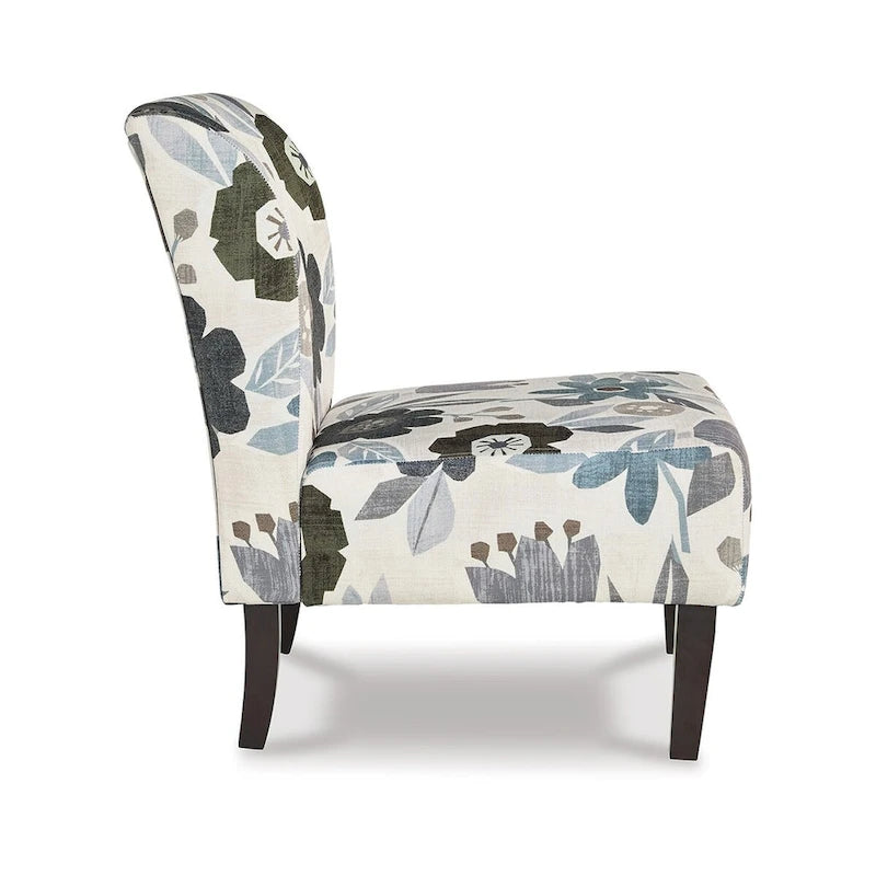 Poltrona Rima, cuscino in poliestere con motivo floreale grigio avorio, legno nero