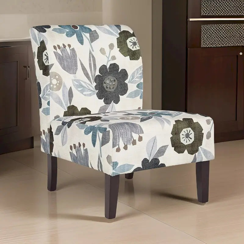 Poltrona Rima, cuscino in poliestere con motivo floreale grigio avorio, legno nero