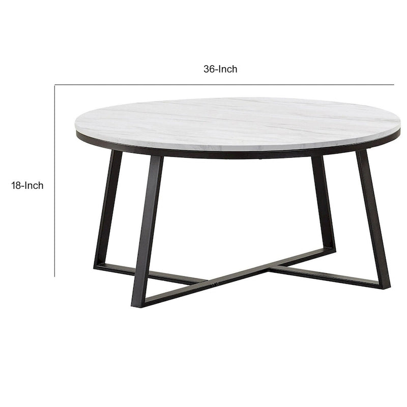 Tavolino da caffè da 91 cm, piano in finto marmo, base robusta in metallo, bianco, nero
