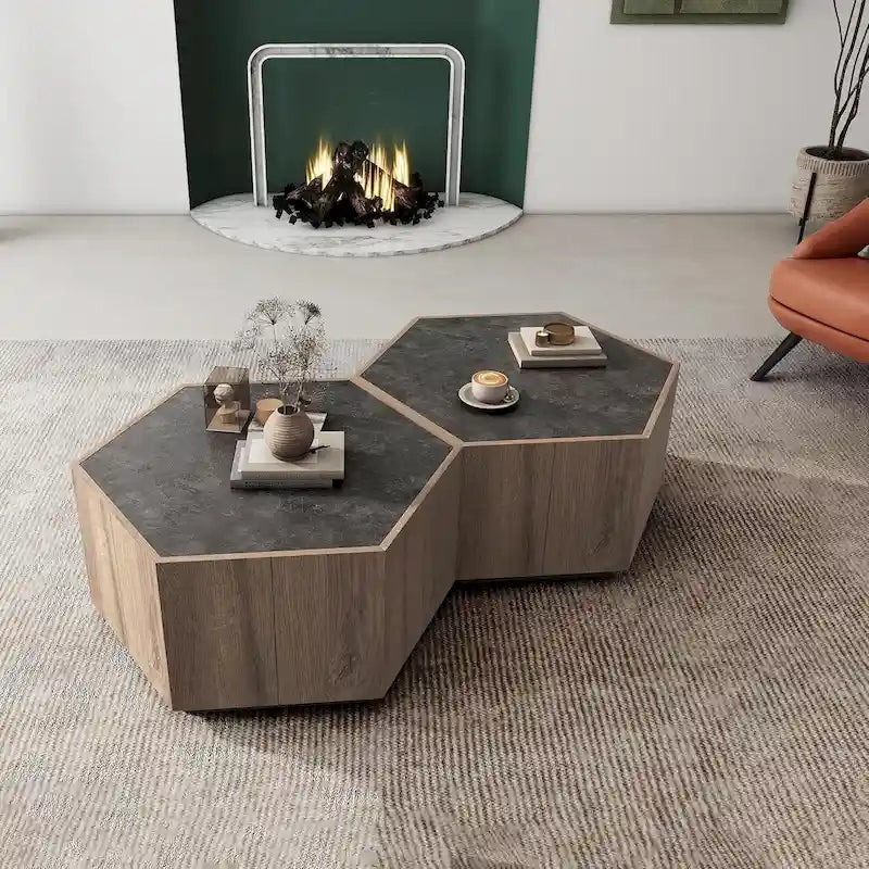 Tavolino esagonale in rovere chiaro con cassetti, 2 pz, per soggiorno