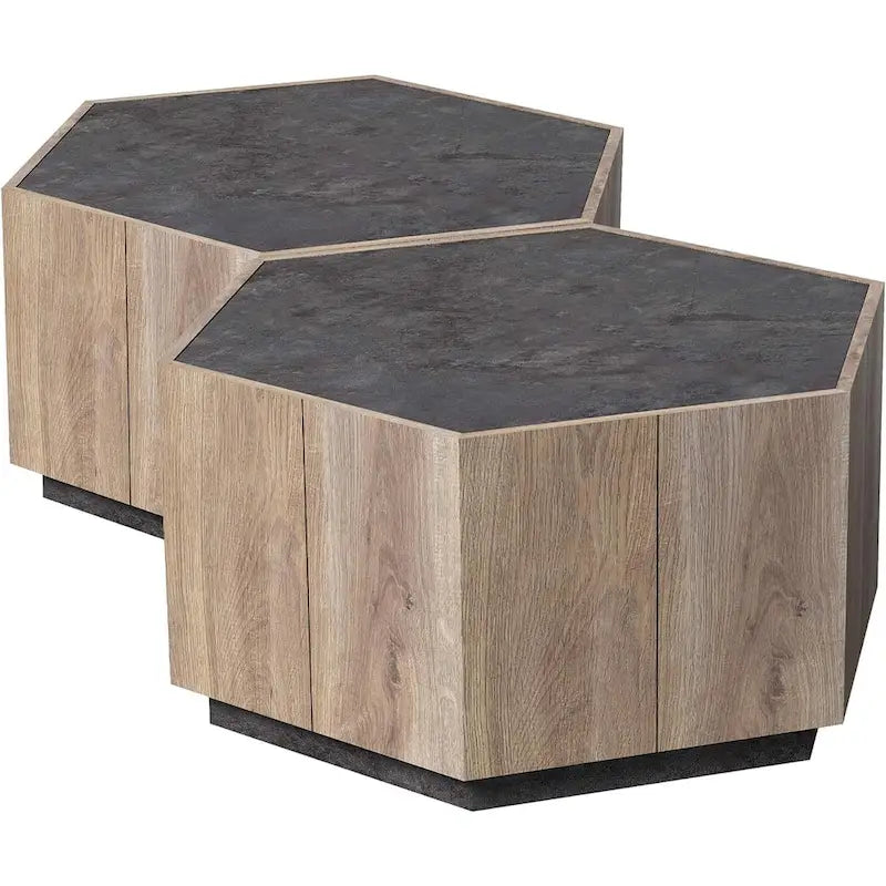 Tavolino esagonale in rovere chiaro con cassetti, 2 pz, per soggiorno