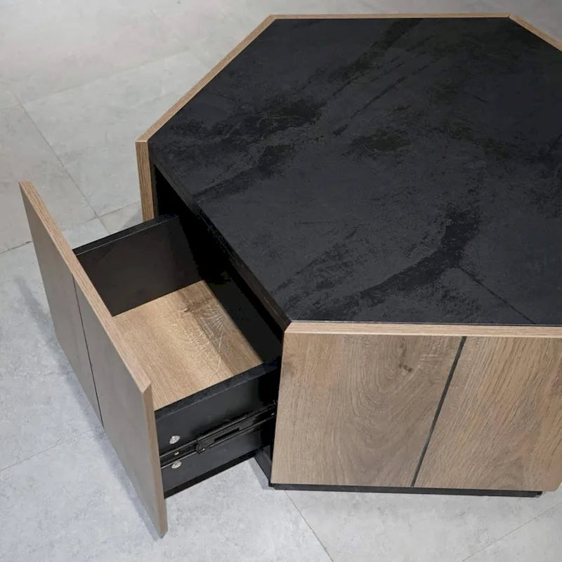 Tavolino esagonale in rovere chiaro con cassetti, 2 pz, per soggiorno