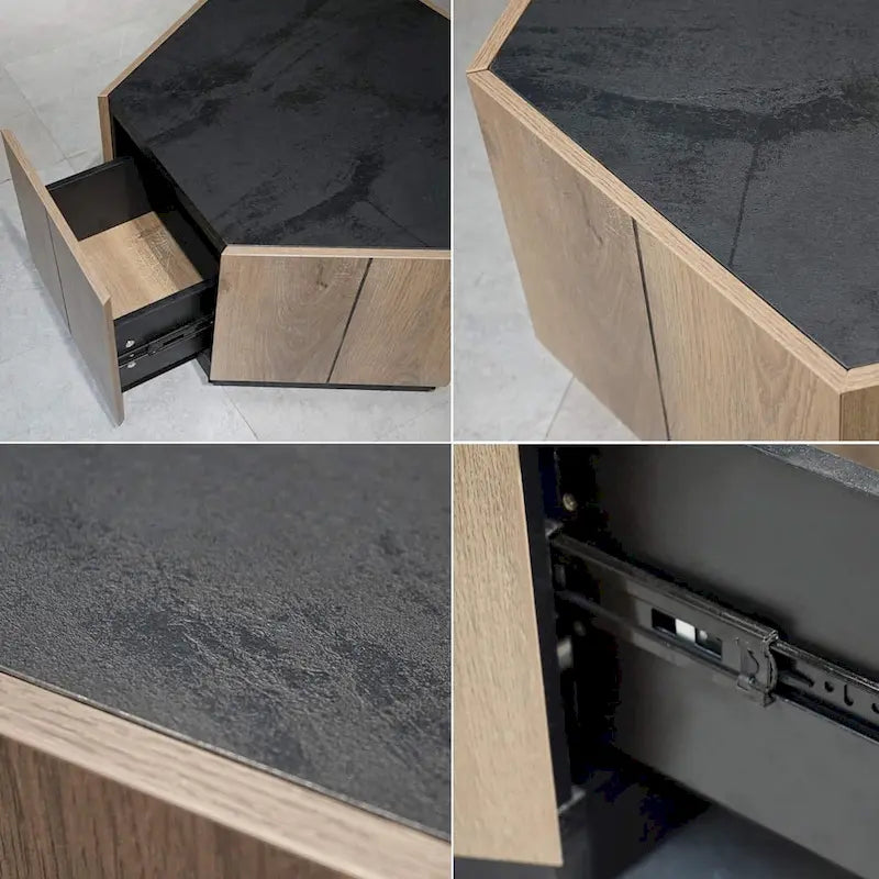 Tavolino esagonale in rovere chiaro con cassetti, 2 pz, per soggiorno
