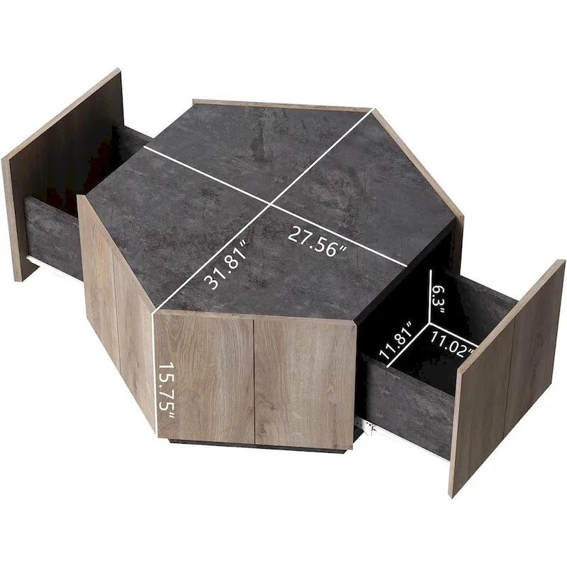 Tavolino esagonale in rovere chiaro con cassetti, 2 pz, per soggiorno