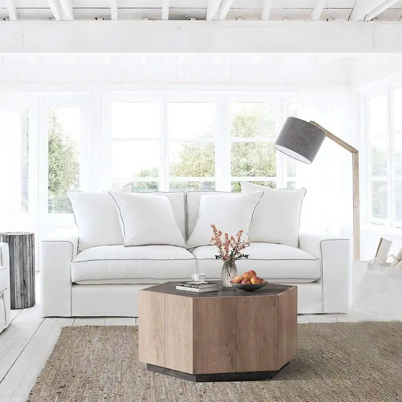 Tavolino esagonale in rovere chiaro con cassetti, 2 pz, per soggiorno