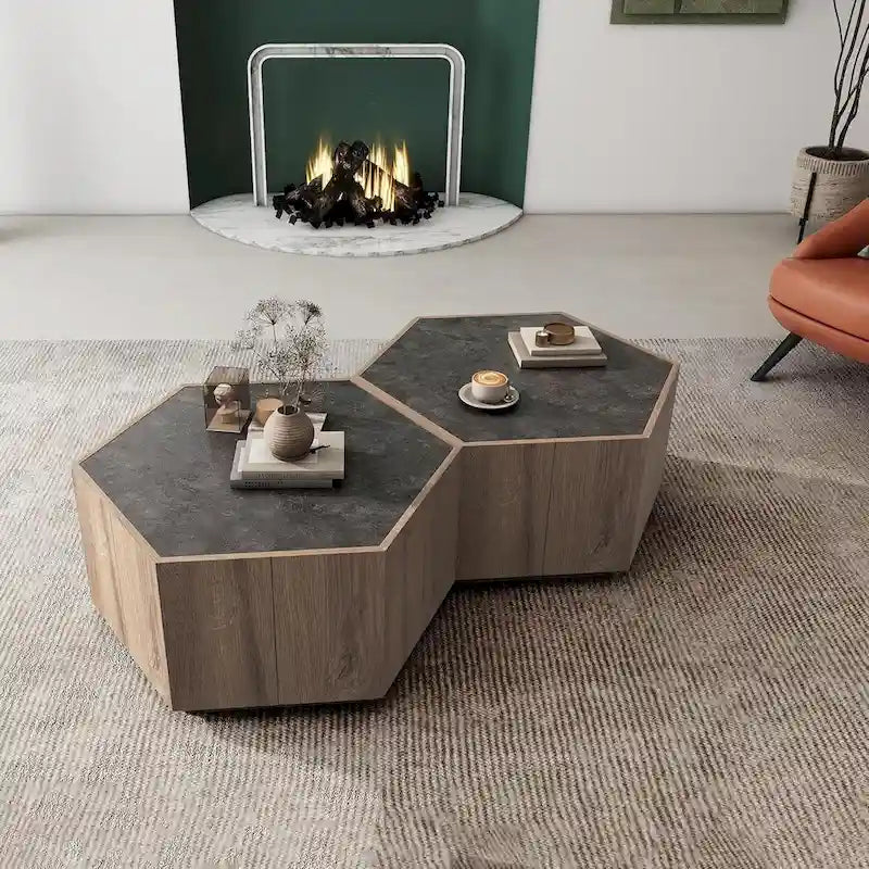 Tavolino esagonale in rovere chiaro con cassetti, 2 pz, per soggiorno